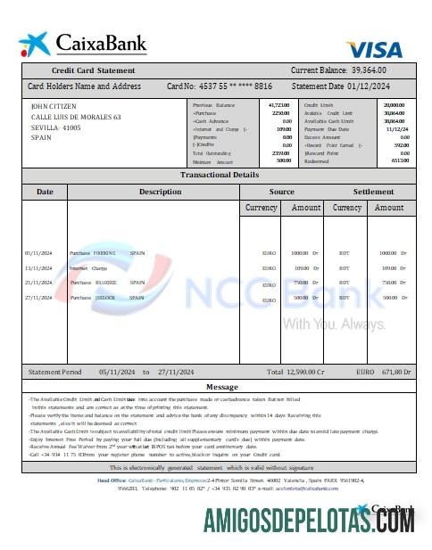 Spain CaixaBank Credit Card Statement Scr amostra